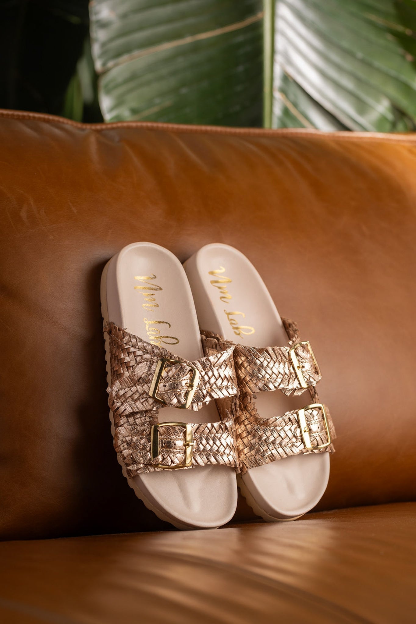 Flow Woven Strap Slide in Champagne