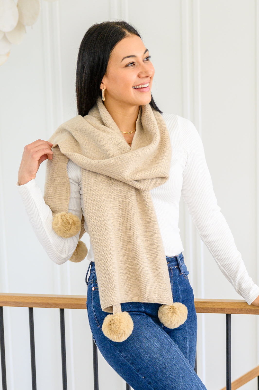 Ivory Pom Pom Scarf Shawl