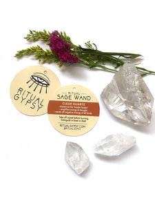 RITUAL SAGE WAND with Clear Quartz - 9" -  Perfect as a Gift Box Item!